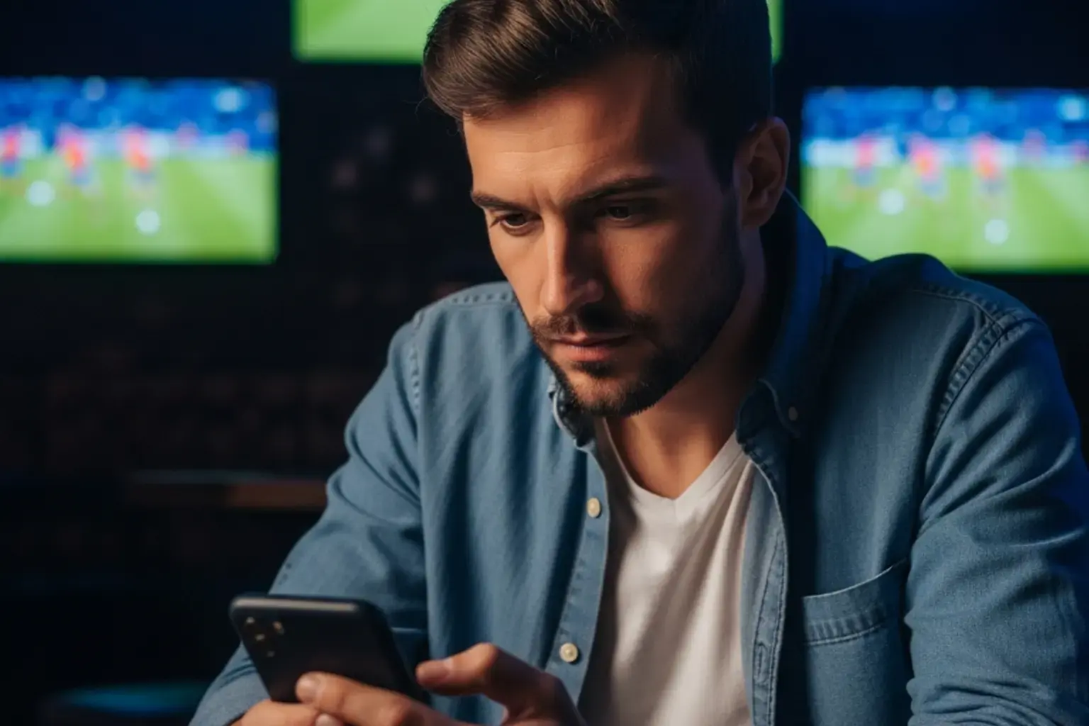 Sportwetter schaut konzentriert auf Smartphone waehrend eines Fussballspiels