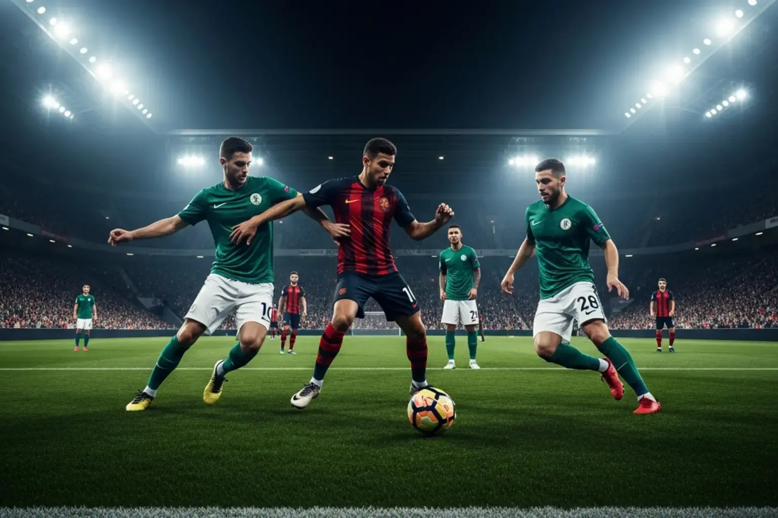 Fussballspiel im Stadion bei Flutlicht mit spannender Spielszene