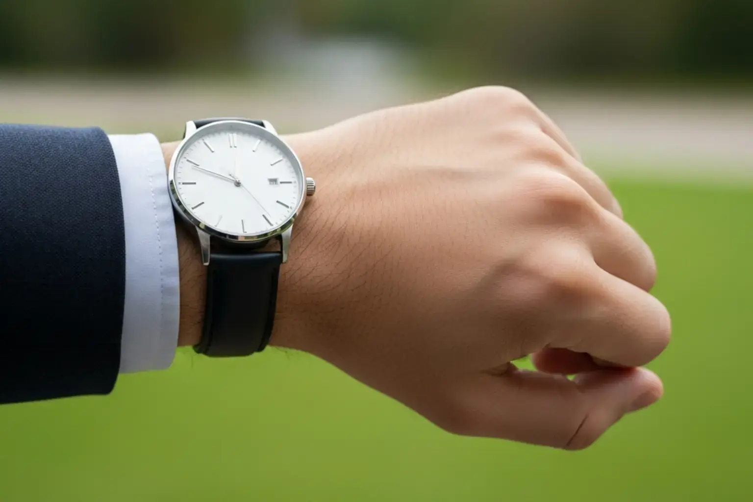 Armbanduhr auf Handgelenk zeigt die Zeit an einem sonnigen Tag