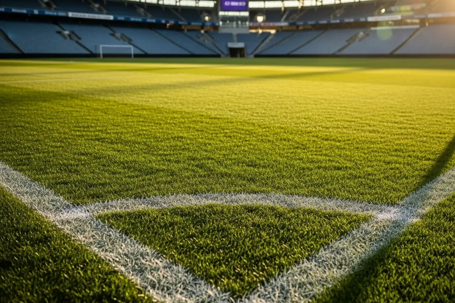 Blick auf ein Fussballfeld mit Rasen und Markierungen bei Tageslicht