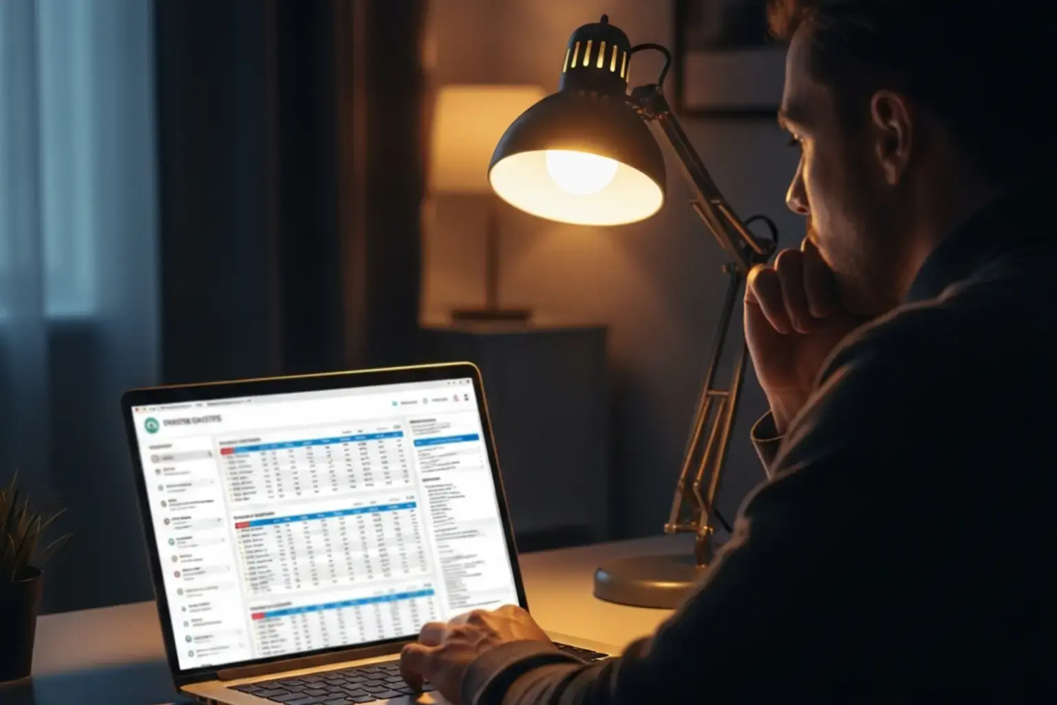 Person analysiert Fussballstatistiken am Laptop in ruhiger Umgebung