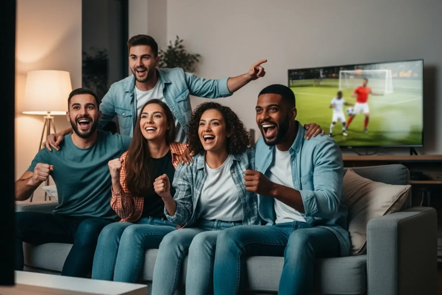 Freunde schauen gemeinsam Fussballspiel im Wohnzimmer und jubeln