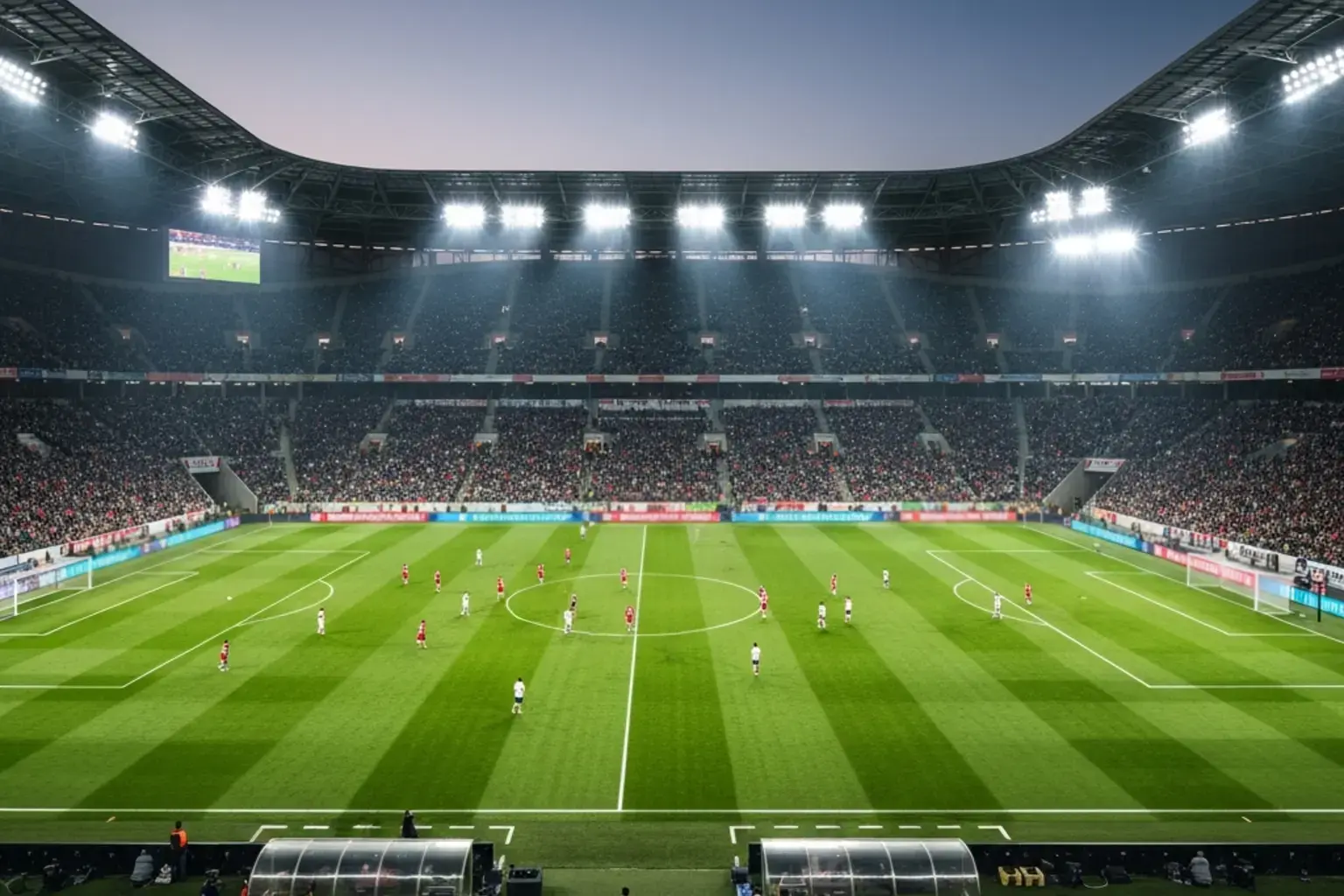Fussballstadion bei Abendspiel mit vollen Tribuenen und Flutlicht