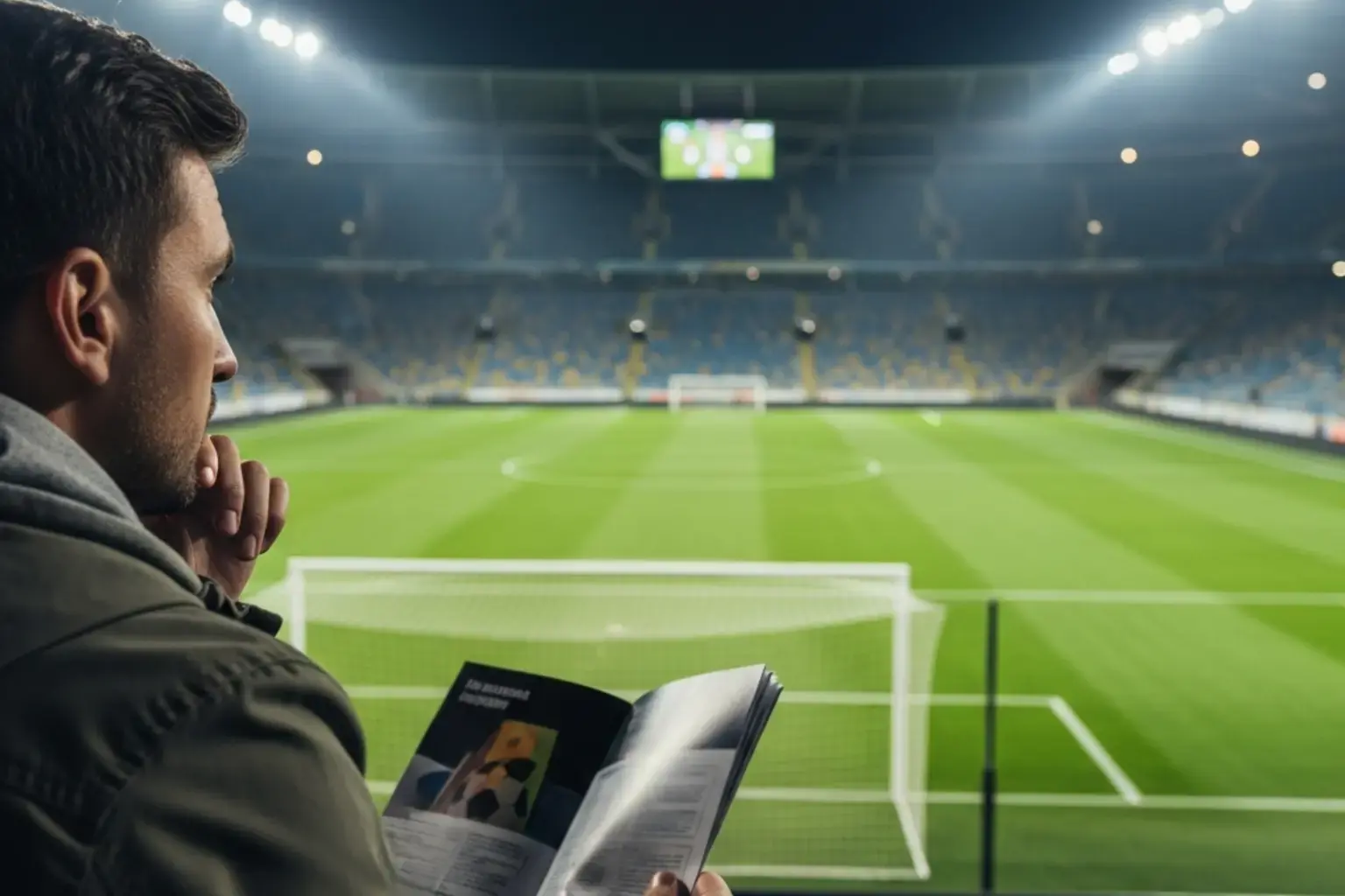 Fussballfan analysiert Spielplan im Stadion bei Flutlicht