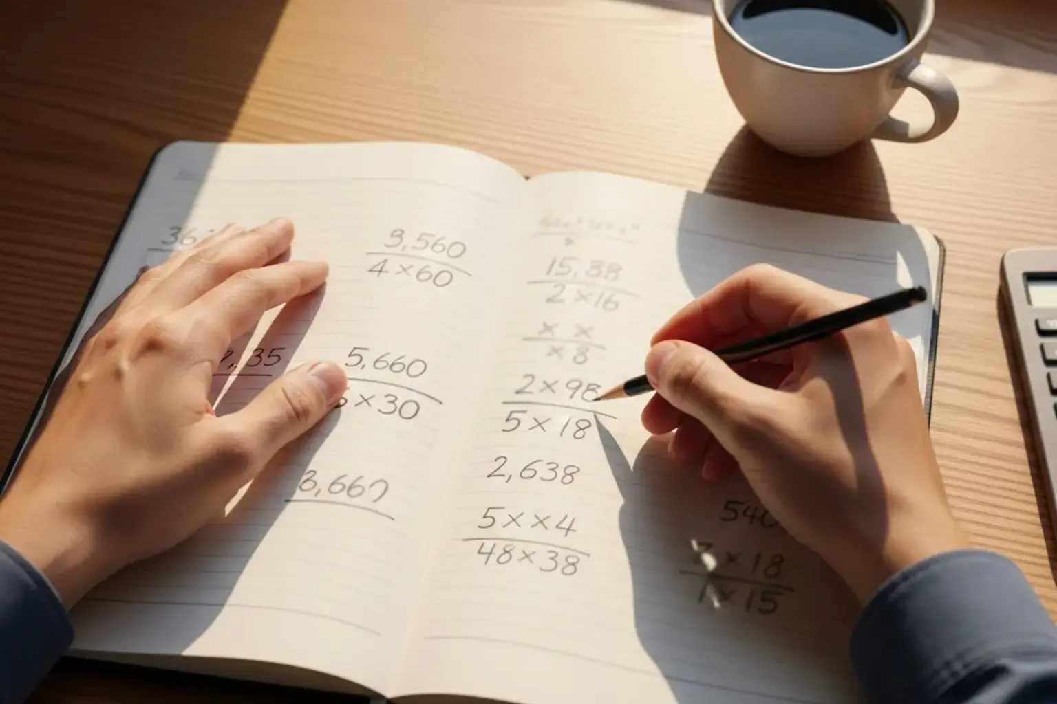 Notizbuch mit handgeschriebenen Quotenberechnungen neben Kaffeetasse