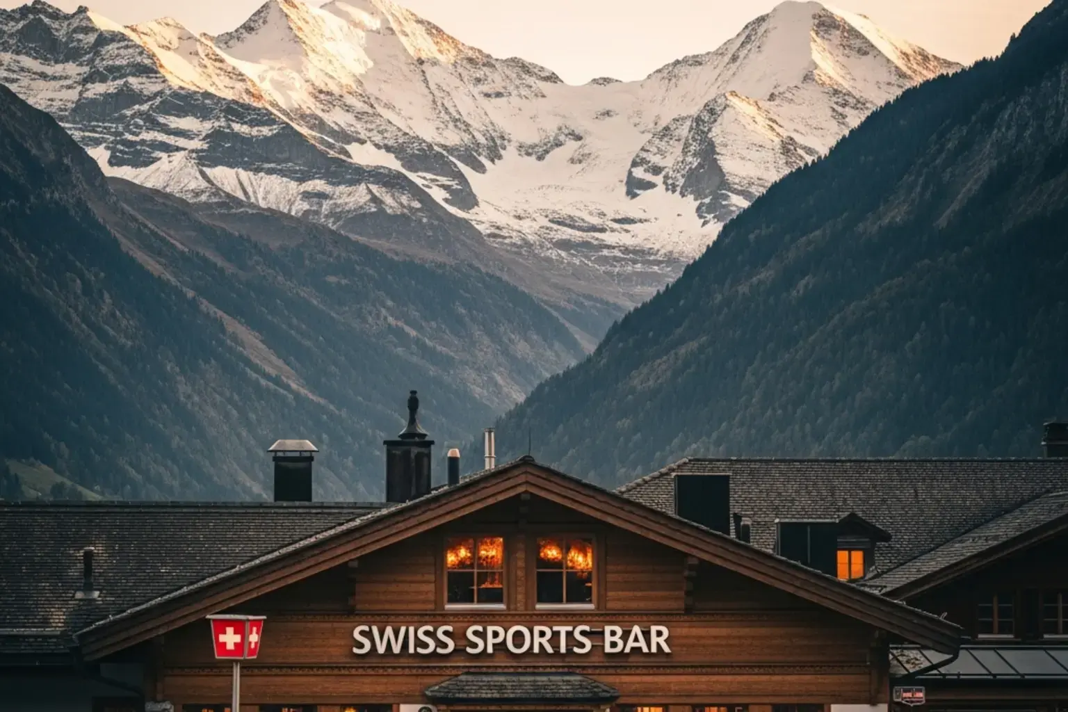 Schweizer Bergpanorama mit Sportbar im Vordergrund