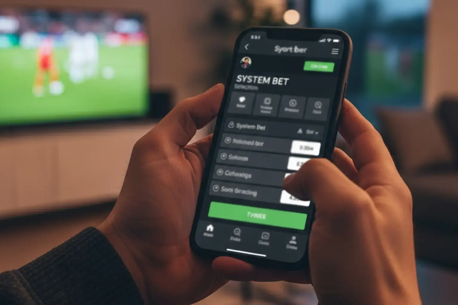 Smartphone mit Sportwetten-App zeigt Systemwette auf dem Bildschirm