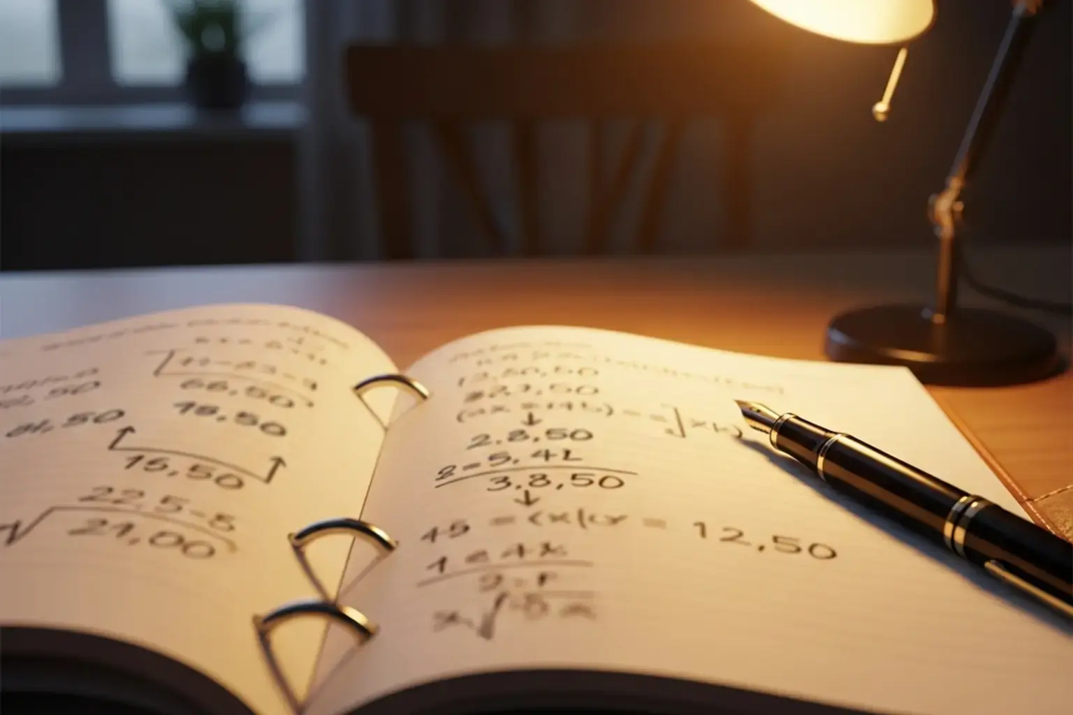 Handgeschriebene Gewinnberechnungen in einem Notizbuch mit Stift