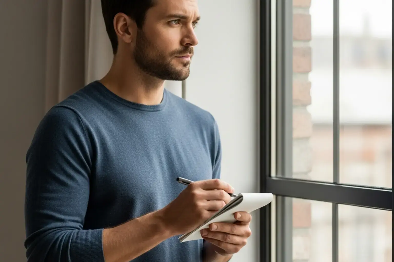 Nachdenkliche Person waegt Optionen ab mit Notizblock in der Hand