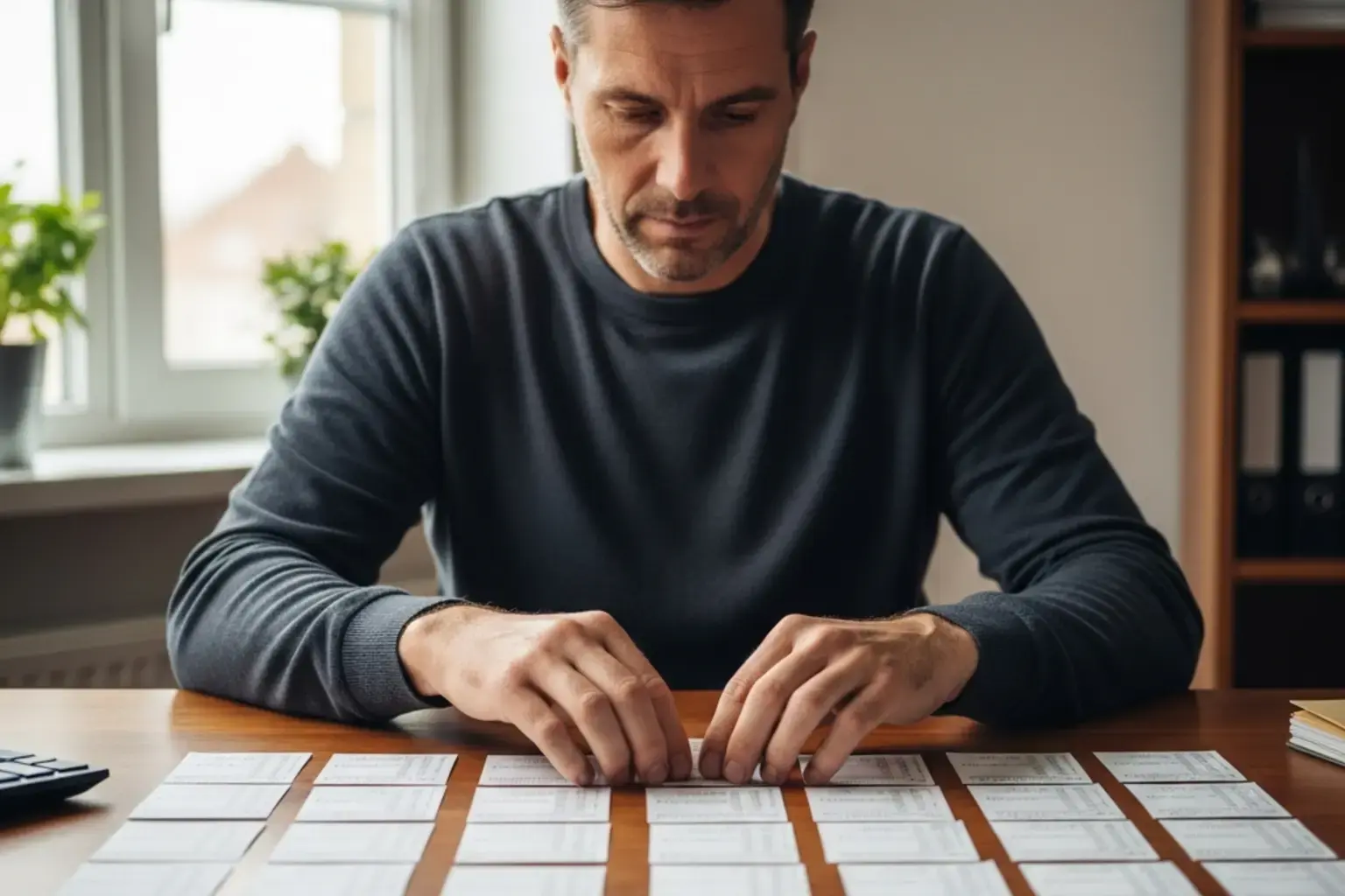 Sportwetter ordnet mehrere Wettscheine auf einem Schreibtisch