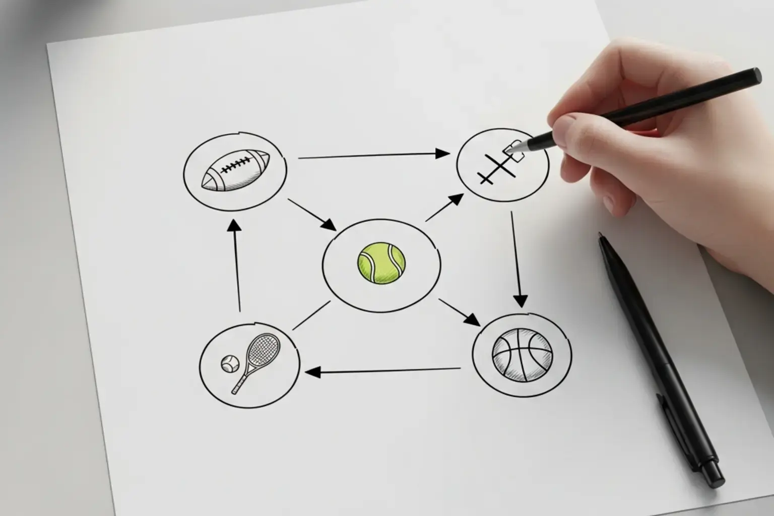 Strukturiertes Diagramm mit verbundenen Sportarten-Symbolen auf Papier