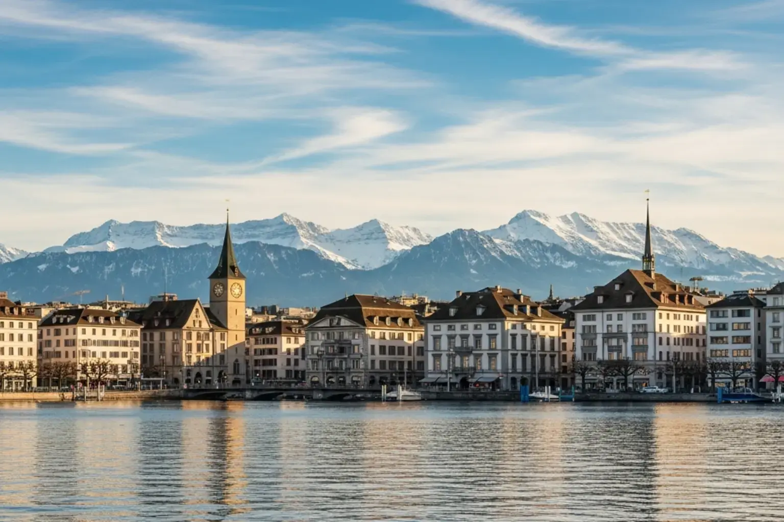 Schweizer Stadtansicht Zuerich mit See und Bergen im Hintergrund