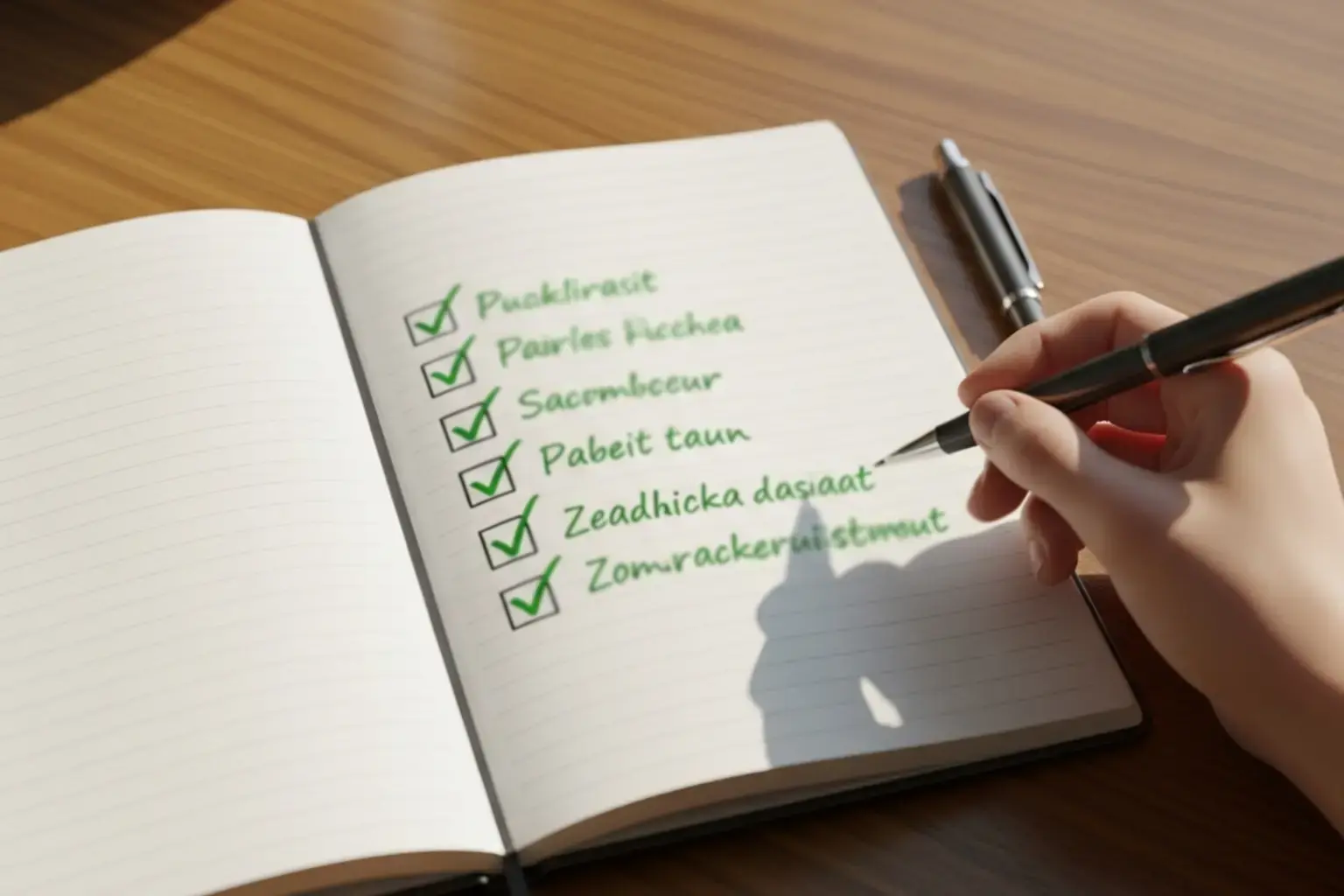 Notizbuch mit handgeschriebener Checkliste und Haekchen neben Kugelschreiber