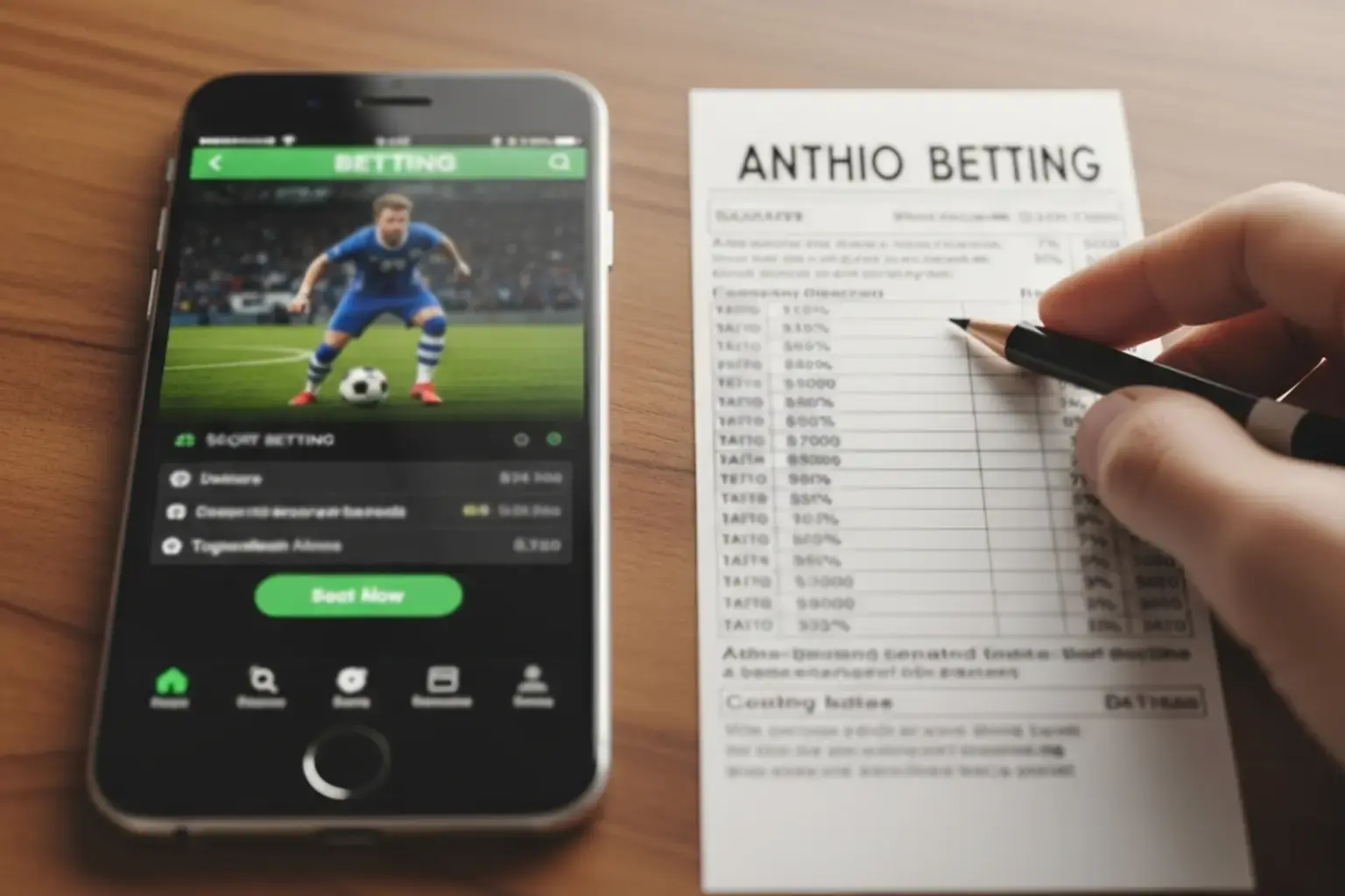 Smartphone zeigt Sportwetten-App neben einem klassischen Papierwettschein