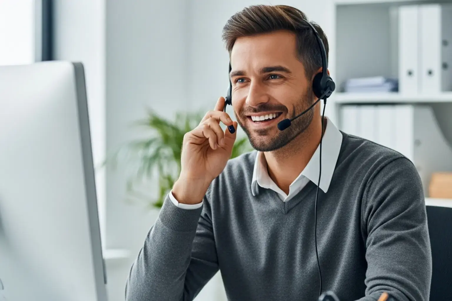 Freundlicher Kundendienstmitarbeiter am Telefon in modernem Buero