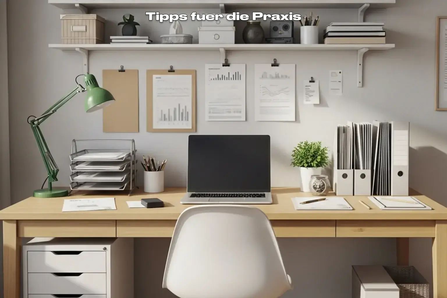 Aufgeraemter Schreibtisch mit Ordner und Dokumenten in sauberem Homeoffice