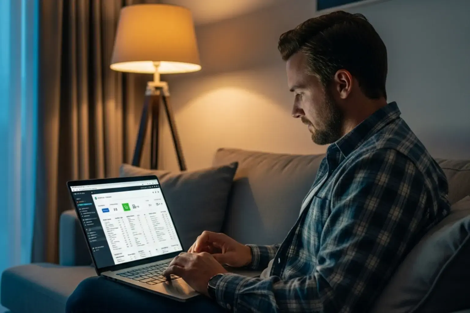 Person schaut auf Laptop mit Sportergebnissen im heimischen Wohnzimmer