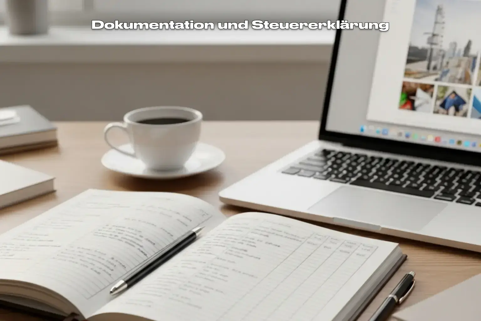 Ordentlich gefuehrtes Notizbuch mit Tabellen neben Laptop auf Schreibtisch