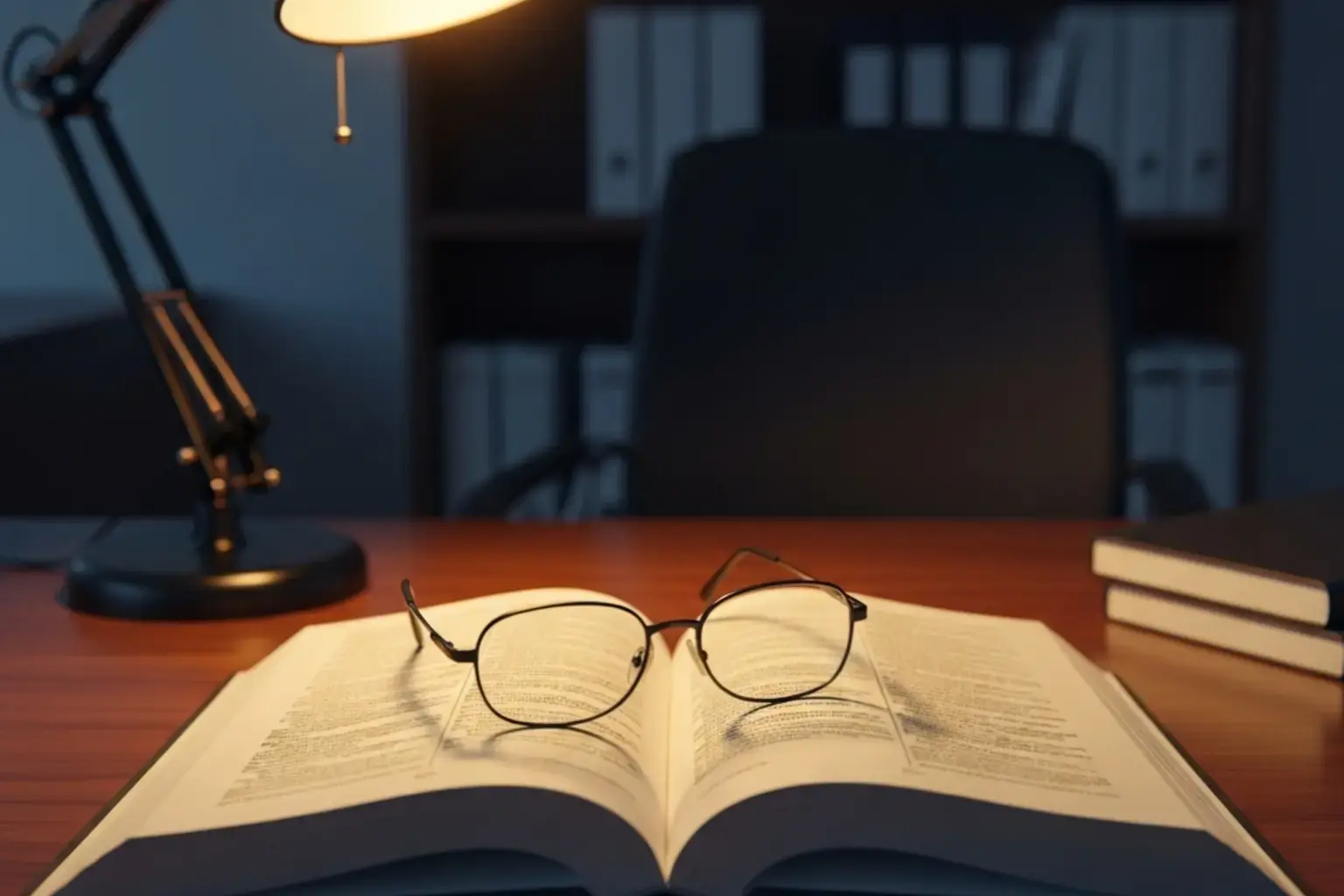 Aufgeschlagenes Gesetzbuch auf einem Schreibtisch mit Lesebrille