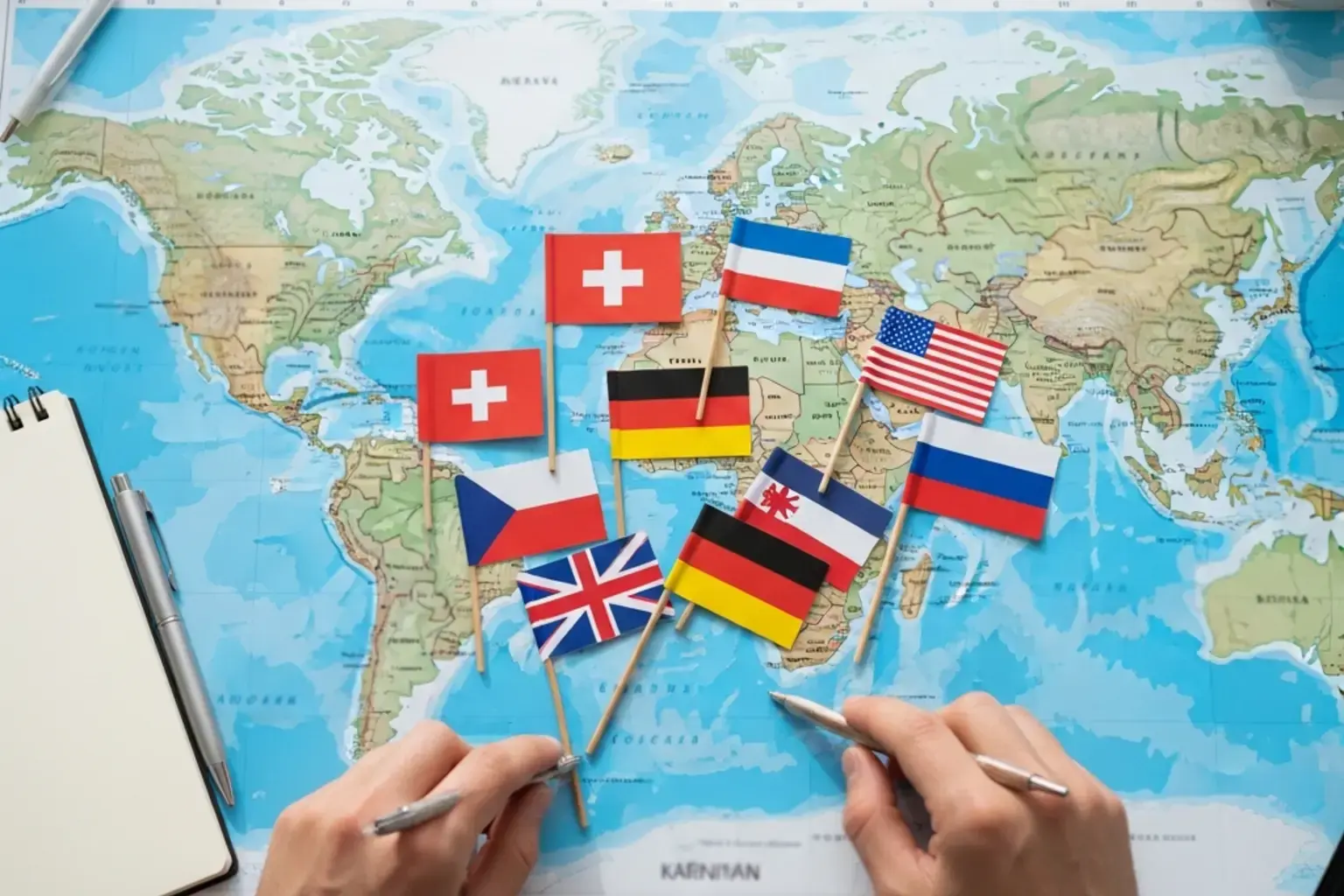 Weltkarte auf einem Schreibtisch mit verschiedenen Laenderflaggen